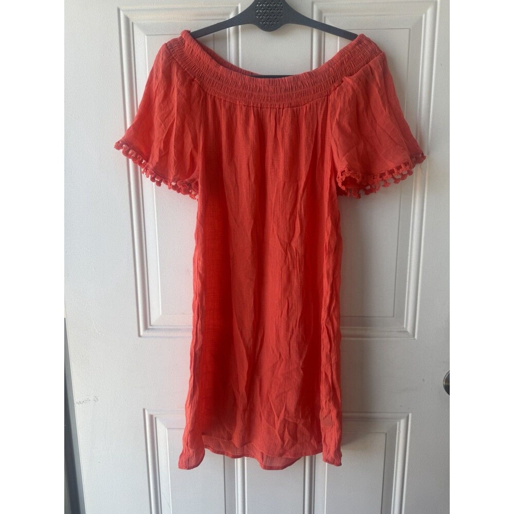 Women’s Off Shoulder Coral Cover Up M Pom Pom Trim Boho Rayon Blend